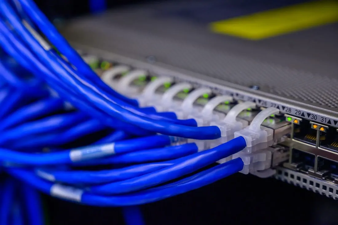 Blå nettverkskabler koblet inn i et patchepanel i et datarack